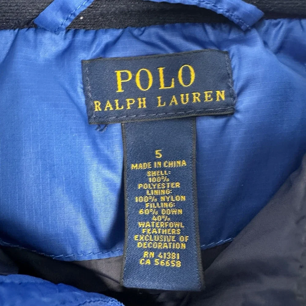 Polo Ralph Lauren Down Puffer Jacket Youth Size 5 Blue Full Zip Pockets Pony‎